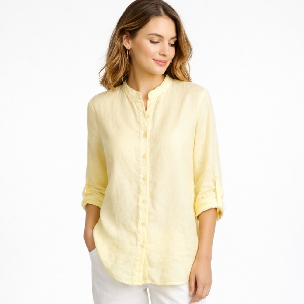 Ann Taylor Women’s M 100% Linen Yellow Button Front Roll Tab Sleeve Blouse